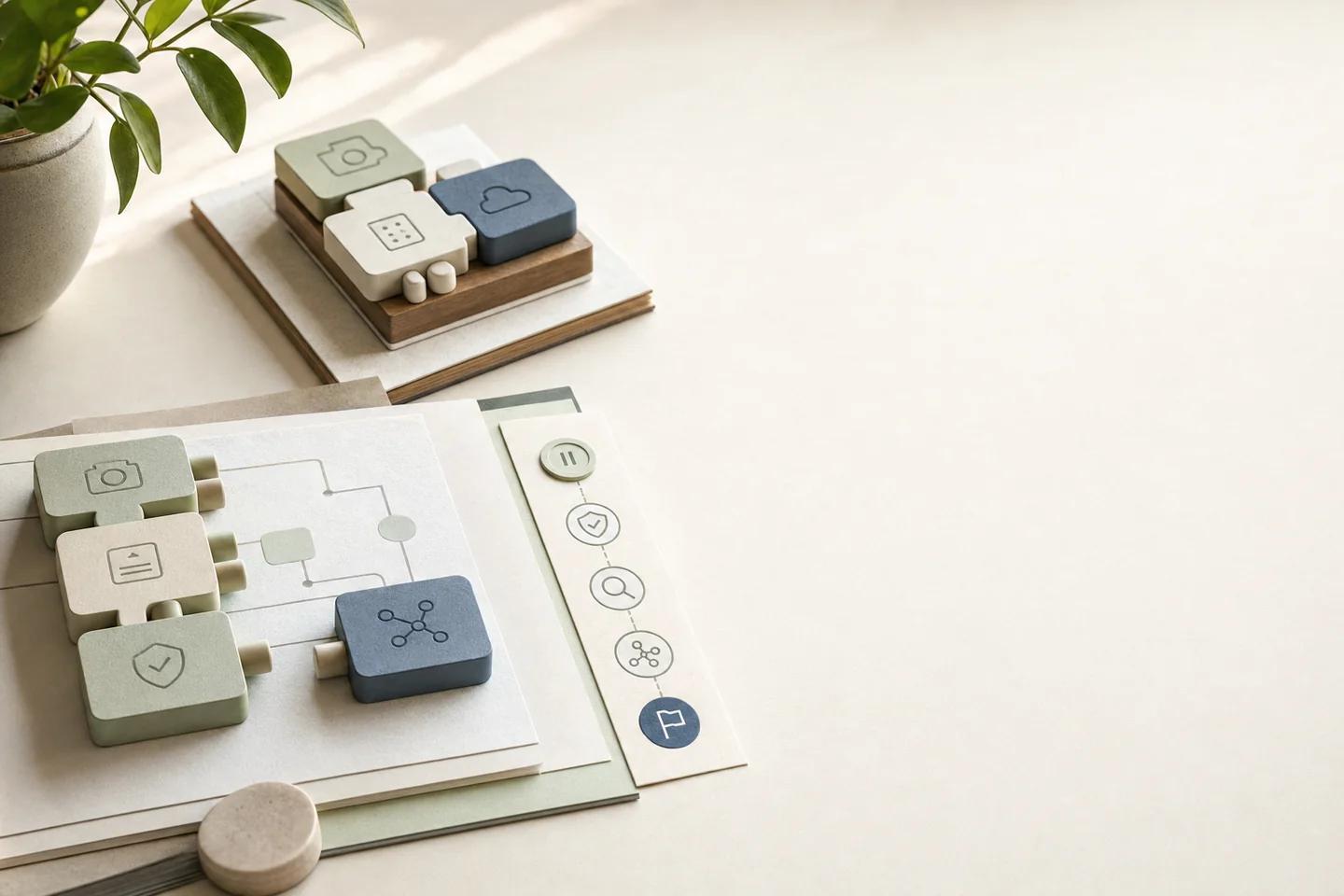 Editorial still life representing monitoring dashboards for a deepfake detection service in production.