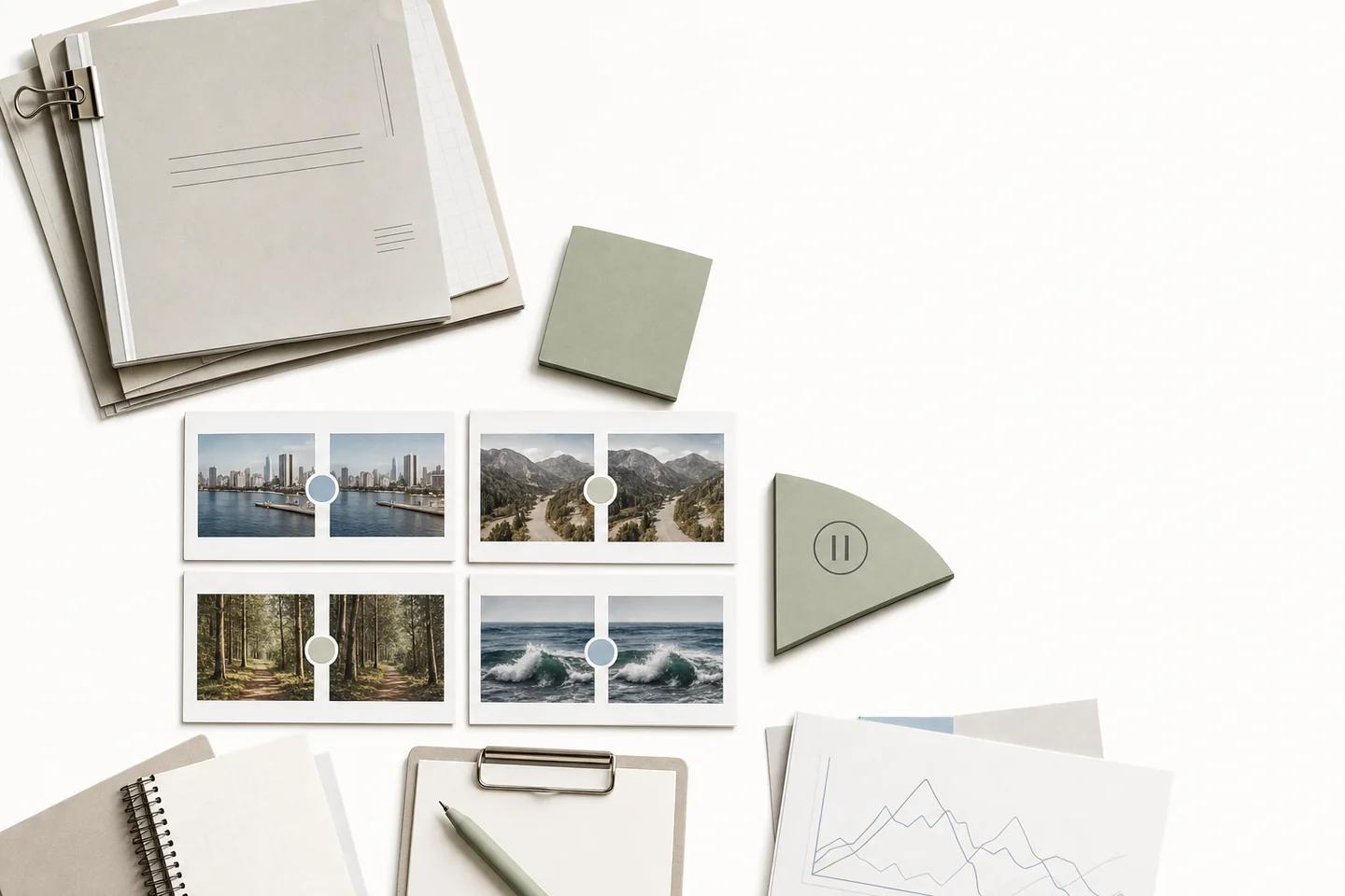 Verification objects arranged on a white surface, representing checks applied before media is trusted.