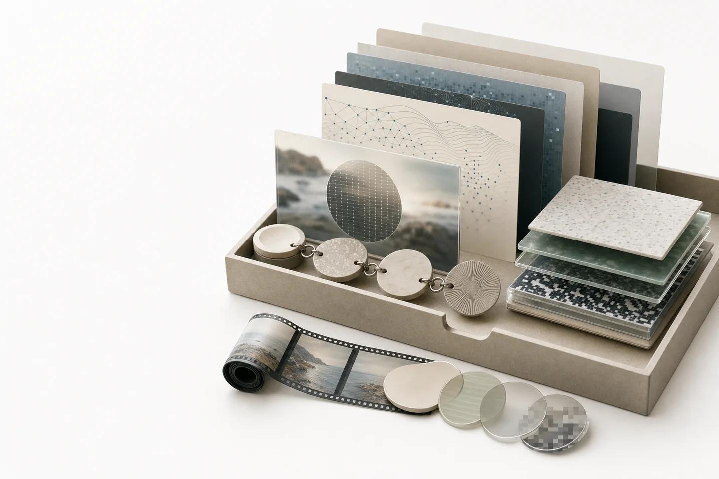 A tray of varied image cards, textured sample tiles and linked discs, with a film strip and a row of increasingly pixelated lenses in front.
