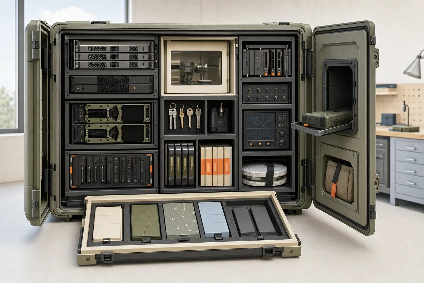 An open infrastructure cabinet separates compute, isolation, identity, artifacts, monitoring, backup, update, and decommissioning responsibilities.