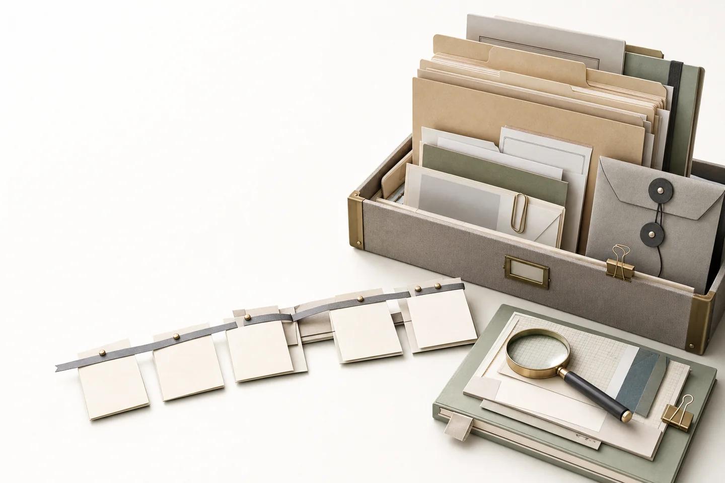 A linen archive box of folders and a sealed envelope beside a row of pinned cards and a notebook with a magnifying glass.