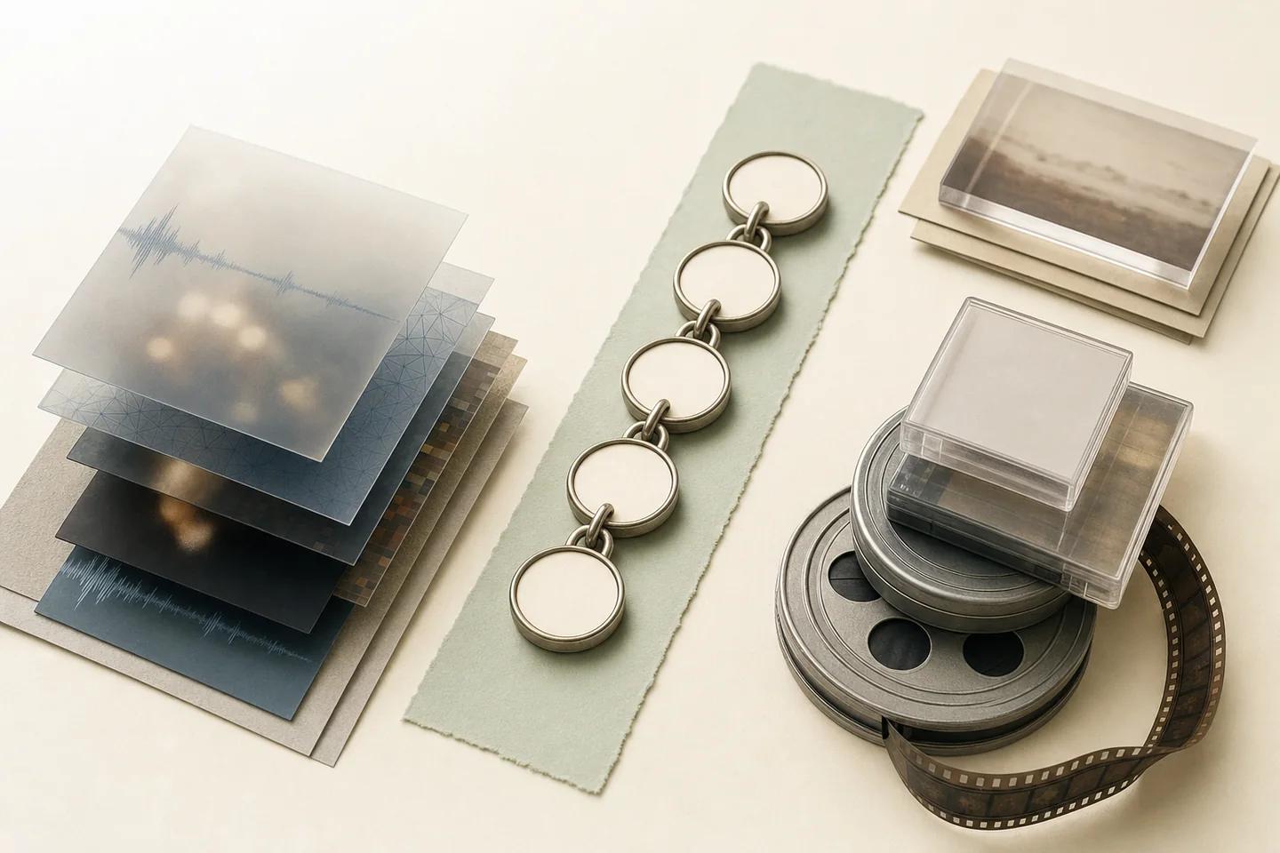 Layered translucent sheets with waveforms beside a chain of discs and film canisters sealed in clear boxes.