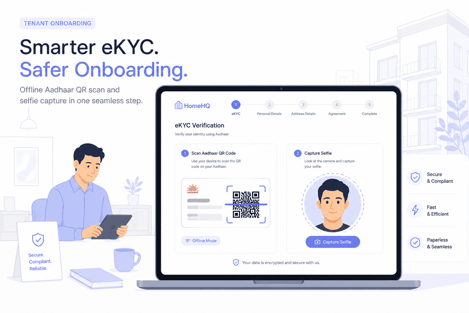 Light editorial illustration of tenant onboarding on a proptech interface, with a document confirmation step and selfie capture side by side.