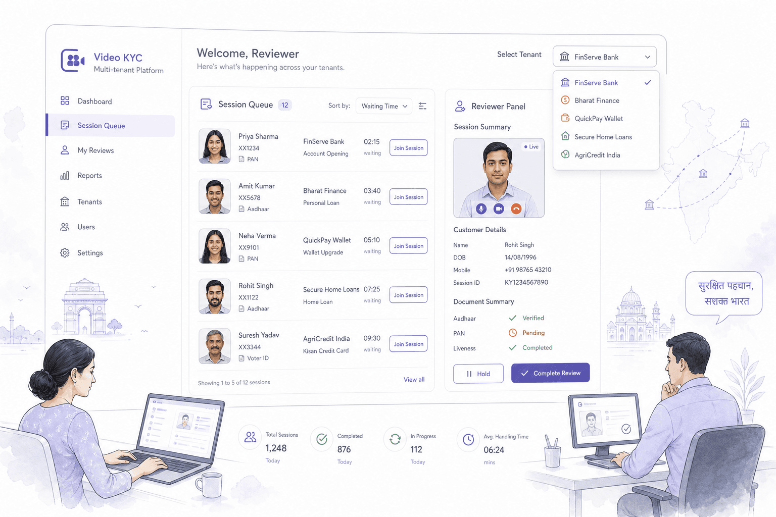 Light editorial illustration of a multi-tenant video KYC platform dashboard with a session queue, reviewer panel and tenant selector on a light background.